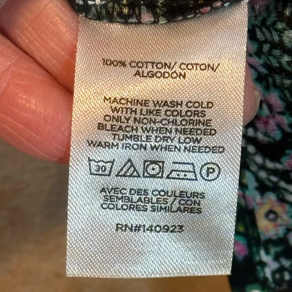 LOFT Ruffled Black Floral 3/4 Sleeve Feminine Blouse  Cotton Tie Back Top - Picture 9 of 13